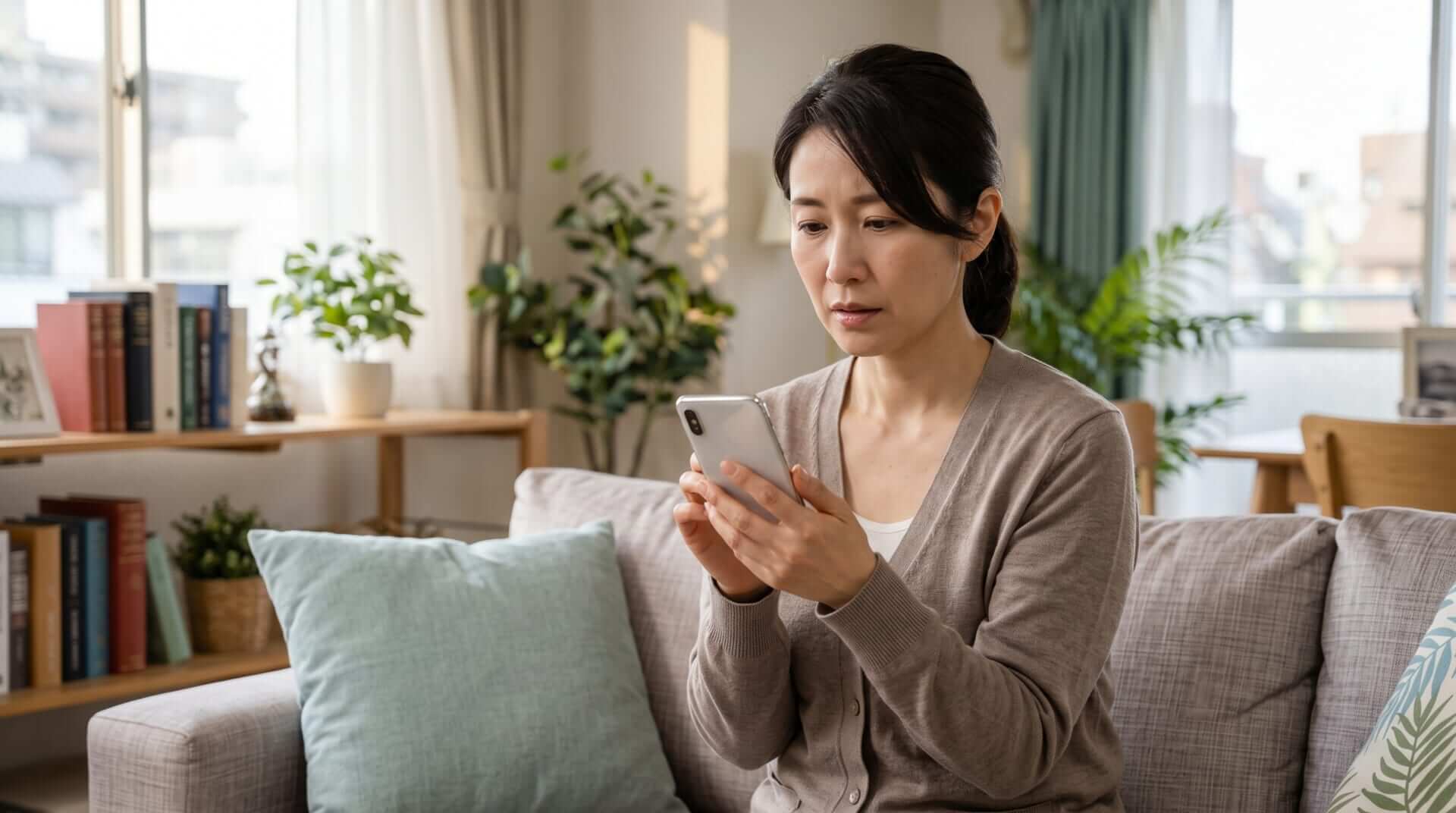自宅のソファに座り、少し不安な表情でスマートフォンを見つめる40代前半の日本人女性