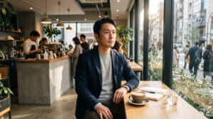 40代独身男性がカフェで婚活と将来設計に向けて前向きに思考を巡らせる様子