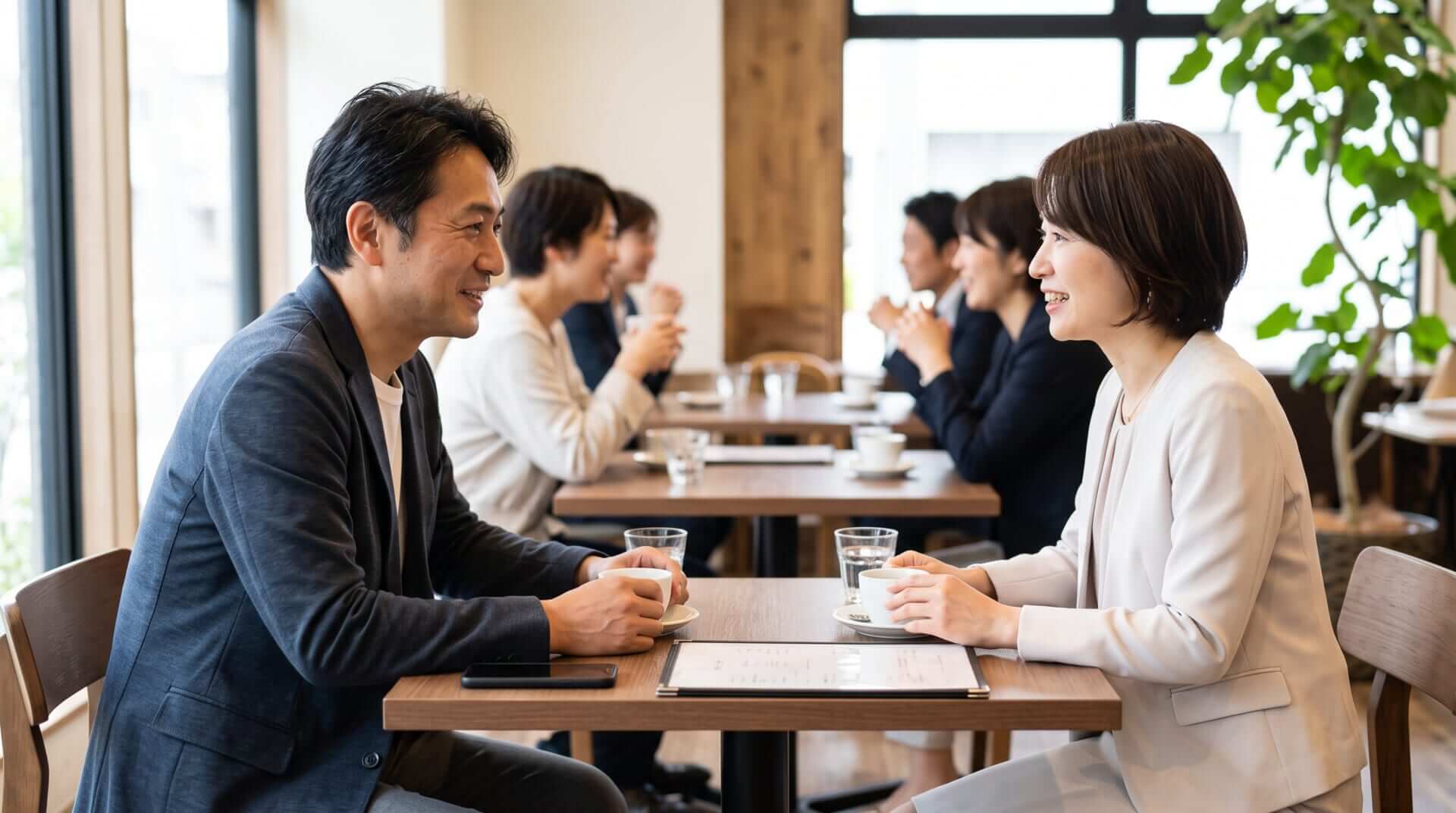 カフェで開催された40代向け社会人サークルのイベントで、テーブルを挟んで笑顔で会話を楽しむ男女