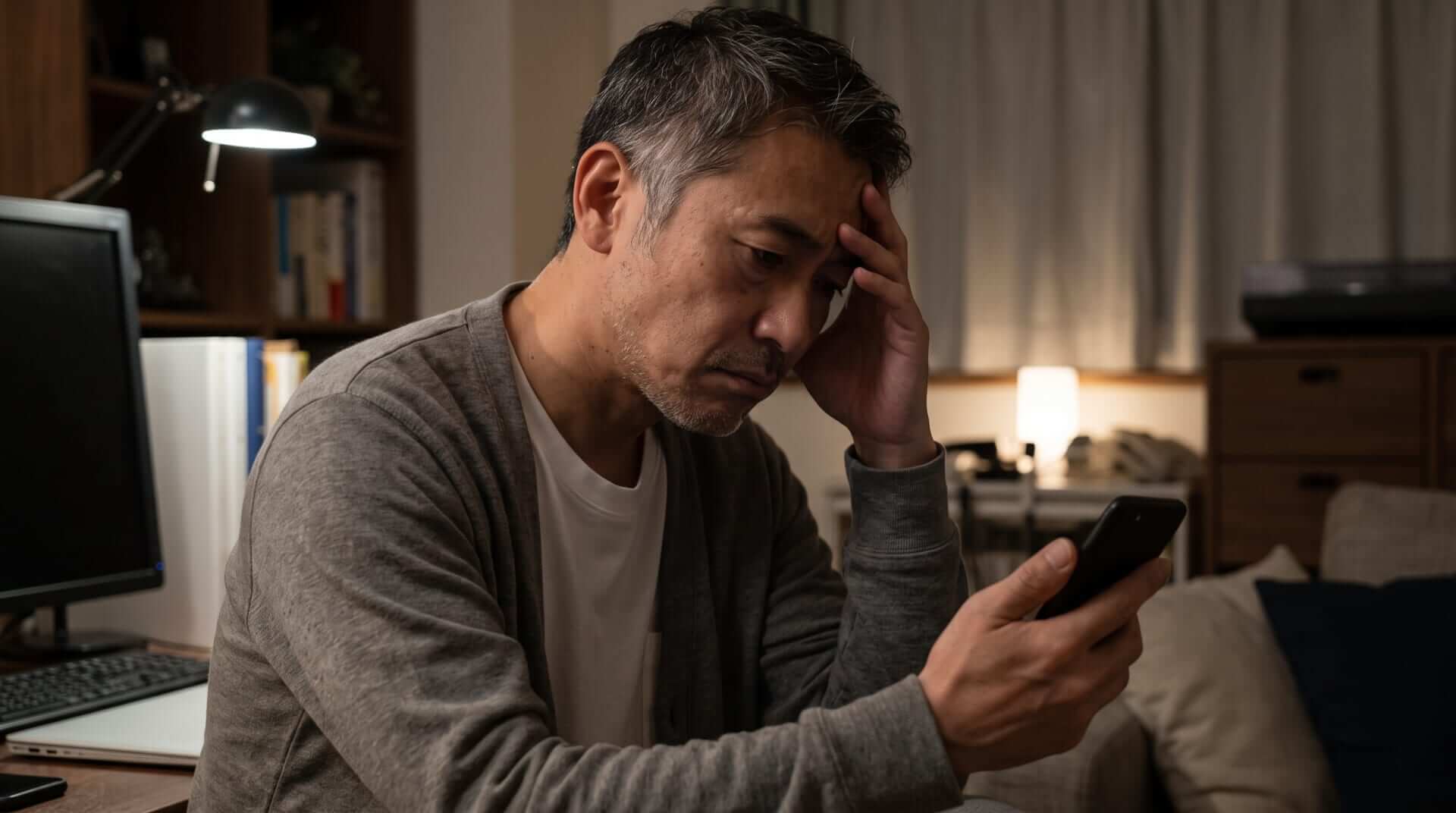 夜の自宅で、落胆した表情でスマートフォンの画面を見つめ、頭を抱えて悩む40代の日本人男性。婚活がうまくいかず精神的に追い詰められている様子。